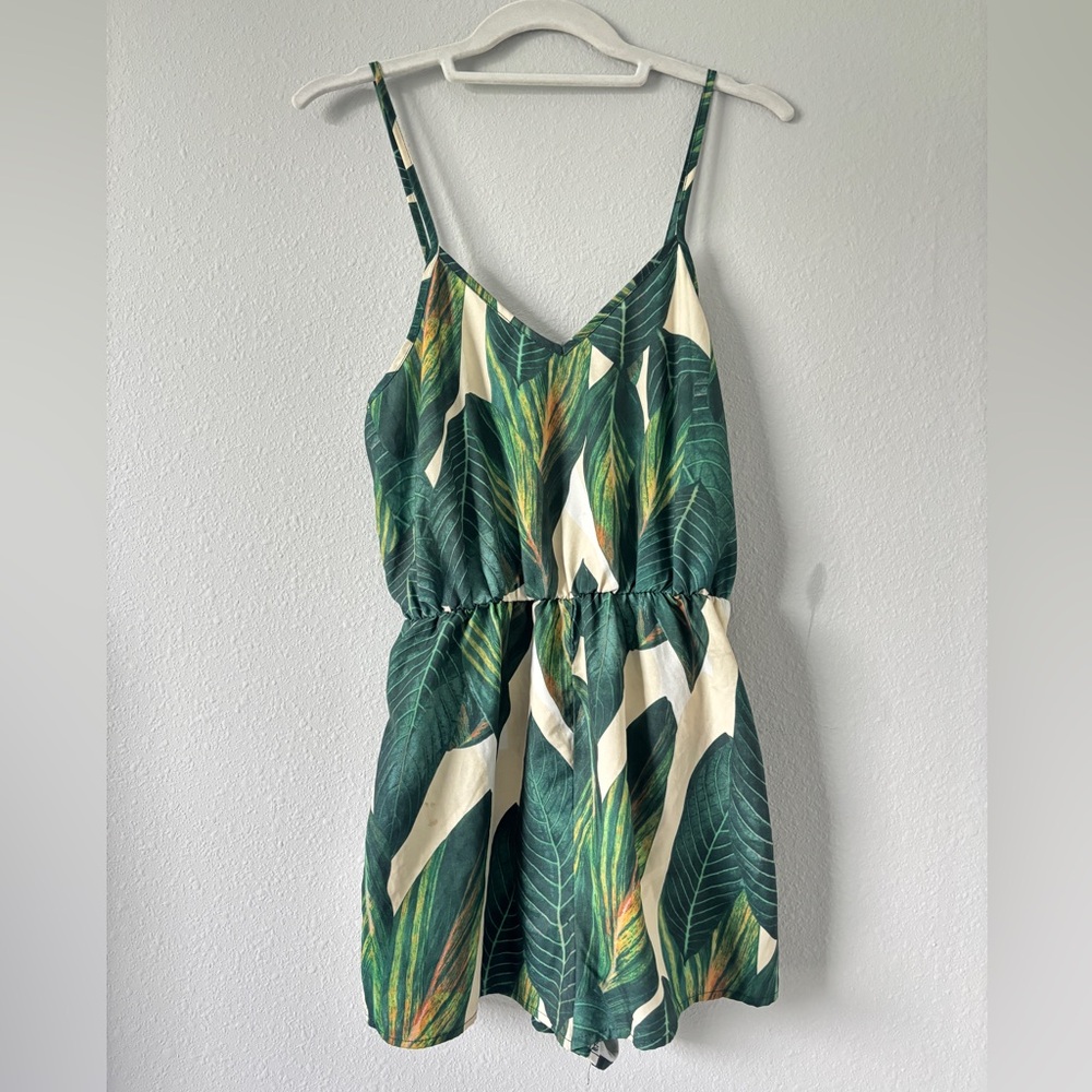 SHEIN Green and Cream Tropical Jumpsuit with Adjustable Straps